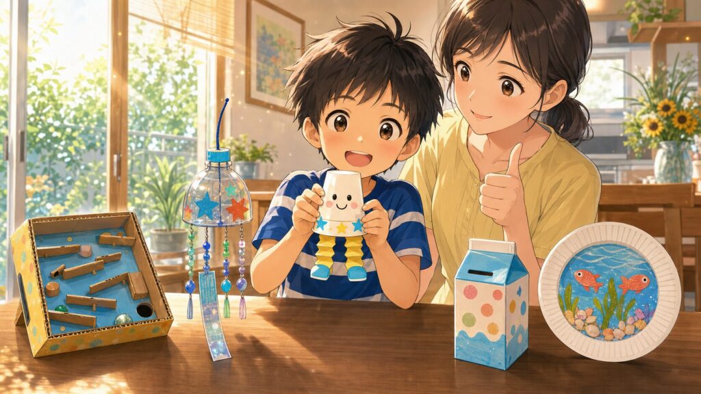 夏休み工作を完成させた親子